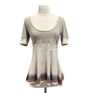 Free People Cream Fair Isle Fit & Flare Short Sleeve Knit Top Size XS